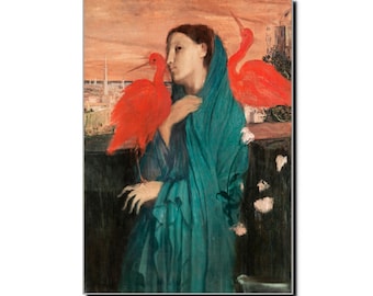 Pode incluir: Impressão artística emoldurada com uma mulher em um manto verde-azulado com dois pássaros vermelhos vibrantes. O fundo mostra uma paisagem urbana sob um céu crepuscular. A obra de arte tem um estilo clássico e romântico.