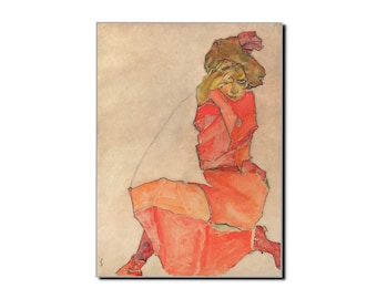 1910 EGON SCHIELE Mujer arrodillada con vestido rojo anaranjado. Ilustración del expresionista Schiele. Póster de arte danés de mediados de siglo. Impresión.