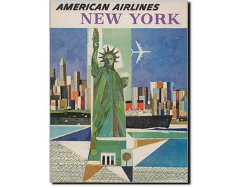 Póster de viaje de Nueva York de 1964, póster publicitario vintage de American Airlines, arte de pared, ilustración retro, decoración de habitación infantil, decoración moderna.