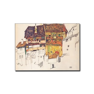 1914 EGON SCHIELE Old houses in Krumau Expressionist Schiele Landscape Illustration Mid Century Modern Art Poster Famous Illustration