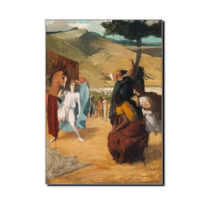 May include: An oil painting depicting a historical scene with figures in classical attire. A central figure in white is surrounded by others in various colors, including red, blue, and yellow. The background features a landscape with hills and a tree.