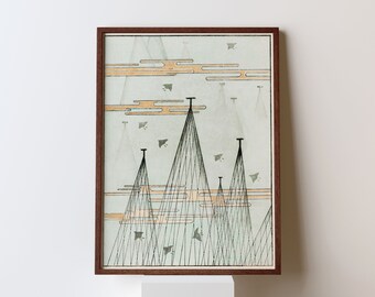 May include: A framed print of a geometric abstract art piece with a light green background, black lines, and orange accents. The artwork depicts a series of triangles with lines extending from the points.