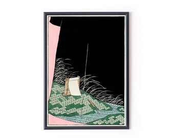 May include: A black and white woodblock print of a Japanese scene. The print features a figure in a black robe standing in a field of green grass. A white scroll is propped up on a wooden stand in the foreground. The background is a pink and black sky.