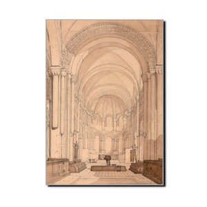 Puede incluir: Dibujo arquitectónico en tonos sepia de un interior de catedral. El dibujo en perspectiva muestra una larga nave con techos abovedados, columnas y un ábside abovedado. La obra de arte está enmarcada y montada sobre un fondo blanco.