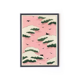 1893-1896 WATANABE SEITEI Pink sky illustration from Bijutsu Sekai a prominent Kacho-ga Ukiyo-e Original Digital Mid-Century Japanese Poster