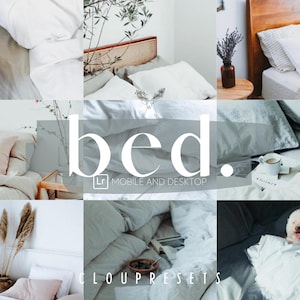 May include: A collage of images featuring various beds with white and neutral-toned bedding. Some images include decorative elements like plants, coffee mugs, and books. The text "bed" and "CLOUD PRESETS" are visible.