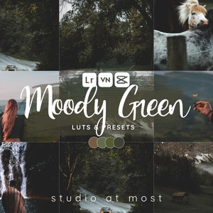 May include: A collage of scenic landscape photos with a moody green color palette. The text "Moody Green" is displayed in a handwritten font, along with "LUTS & PRESETS" and "studio at most". The images include a road, waterfall, and horses.