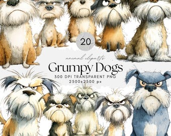 Clipart de acuarela de perros gruñones: Gráficos PNG de cachorros divertidos (descarga digital)