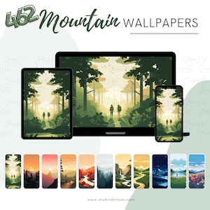 Puede incluir: Una colección de 462 fondos de pantalla para teléfono y escritorio con temática de montaña. La imagen muestra una variedad de paisajes, incluyendo bosques, montañas, ríos y lagos. Los fondos de pantalla están disponibles para descargar desde el sitio web studioatmost.com.