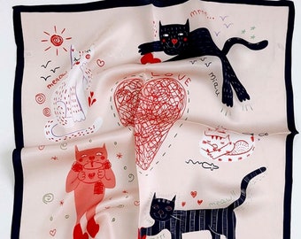 Women Silk Ladies Fashion Scarves Gift Scarf Cat Retro Wrap Print and Square