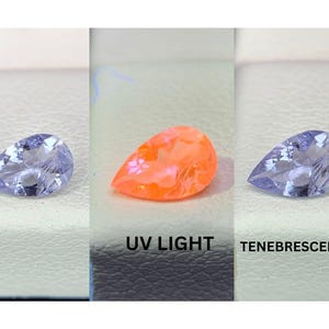 May include: Three pear-shaped gemstones. The first and third are a light purple color. The middle gemstone glows orange under UV light. Text reads "UV LIGHT" and "TENEBRESCENCE".