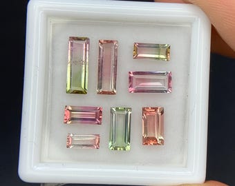 Natural Bi Color Tourmaline Lot 3.48 Carat Mix Size Baguette Shape Faceted Gemstone 8 Piece Lot