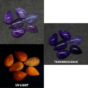 May include: A collection of six teardrop-shaped purple gemstones arranged in three distinct panels. The panels demonstrate color changes labeled as TENEBRESCENCE and UV LIGHT, showing the stones shifting between purple and vibrant orange hues.