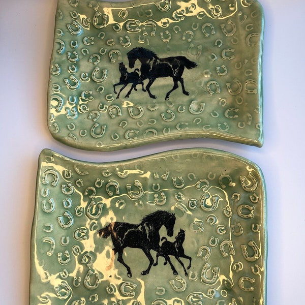 Hand made Green ceramic plate with horses and horseshoe texture, dish for keys, change plate, spoon rest, candy dish, ring holder,candy dish