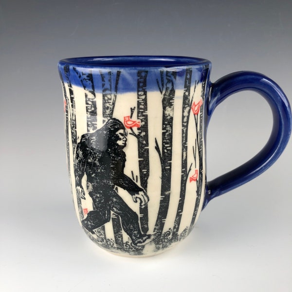 Large Bigfoot coffee mug, Sasquatch ceramic mug, 18 ounce Bigfoot and cardinals in the woods handmade mug, tea mug, drink, pottery mug