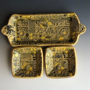 Yellow lemon trays, handmade pottery, appetizer plates, serving and condiment trays, Sushi plates, butter dish and dipping bowls