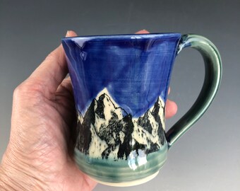 8 ounce Hand made pottery Mountain ceramic coffee mug, big sky mug, coffee mug, tea mug, hot chocolate mug, blue and green mug