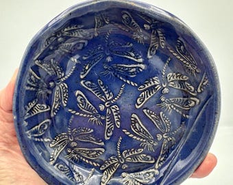 Handmade Blue Ceramic Dragonfly Plate, Decorative Spoon Rest, Jewelry Tray
