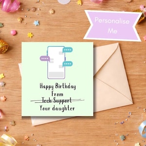 May include: A birthday card with a light green background, featuring a smartphone graphic with message bubbles. The card reads "Happy Birthday From Your daughter." An envelope and decorative confetti surround the card.