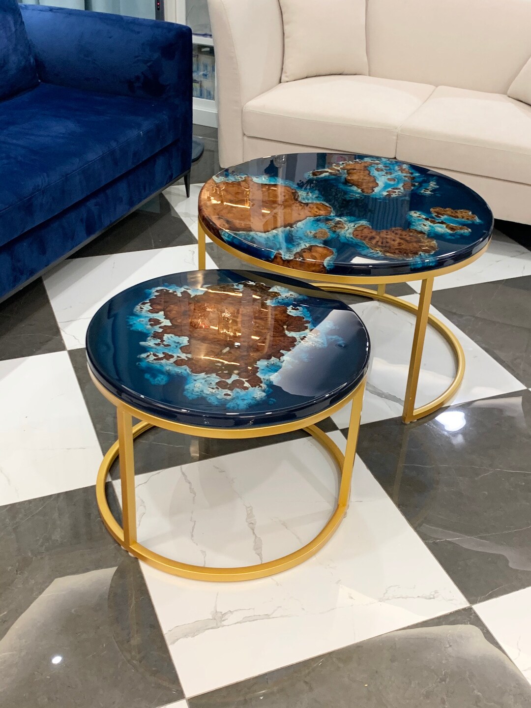 Epoxy Ocean Table With Iron Wood Modern Coffee Table With