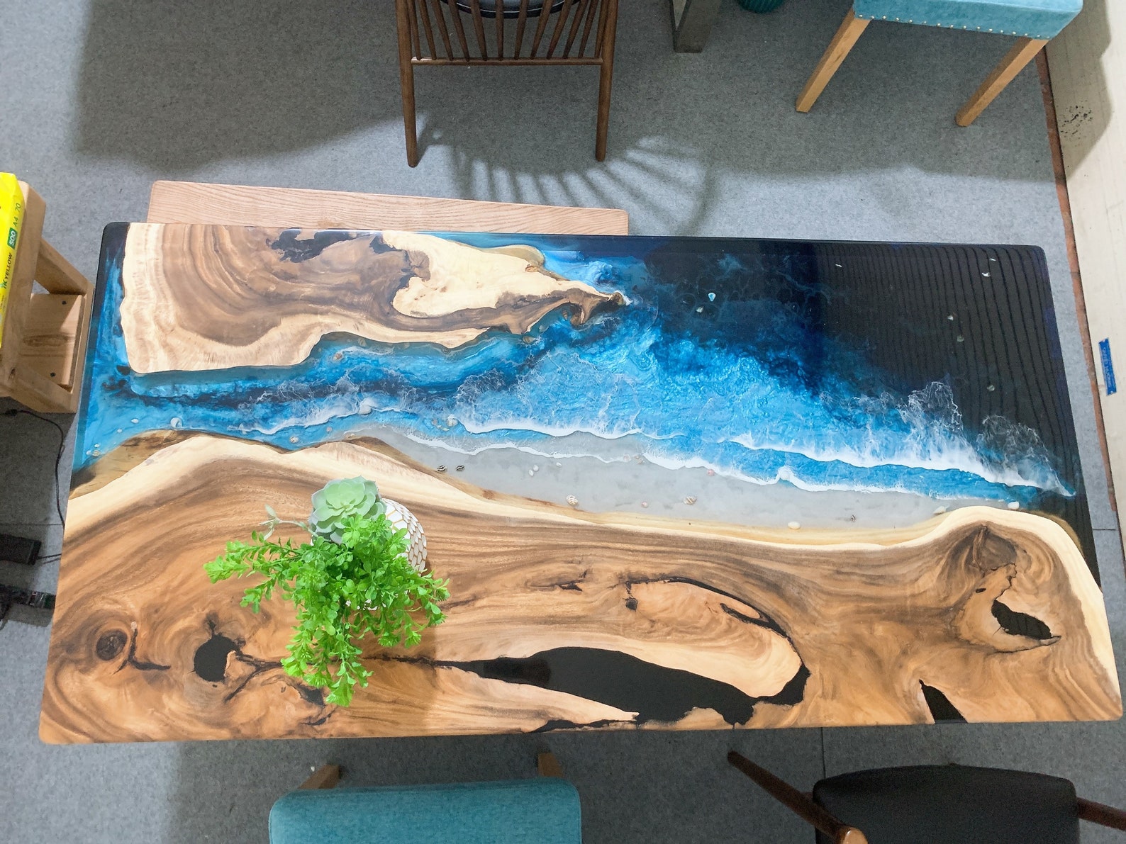Live Edge Epoxy Beach Table Deep Ocean Blue Epoxy Conference Etsy