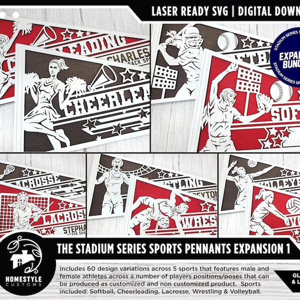 Stadium Series Sport Wimpel Erweiterung 1 - 5 Sportarten - 60 Variationen enthalten - Männliche und weibliche Optionen - Getestet auf Glowforge & Lightburn
