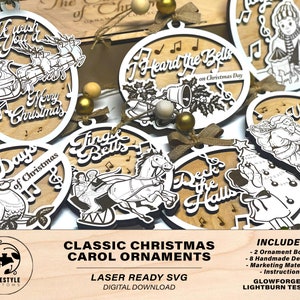 The Classic Christmas Carol Ornaments - Includes 8 Unique Designs and 2 Box Designs - Tested on Glowforge & Lightburn