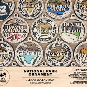 National Park Ornaments - 63 park ornaments - 2 ornament designs per Park - SVG, PDF, AI File Download - Tested On Glowforge and LightBurn