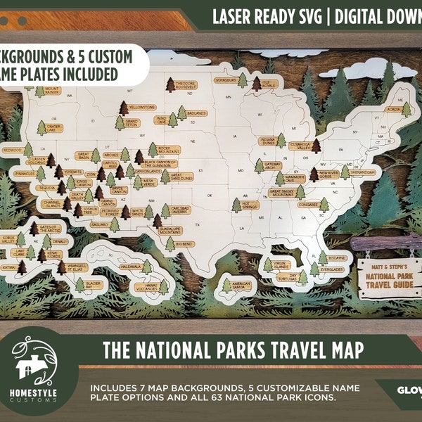 The National Parks Travel Map -  7 Backgrounds & 5 Customizable Name Plates - SVG File Download - Sized for Glowforge