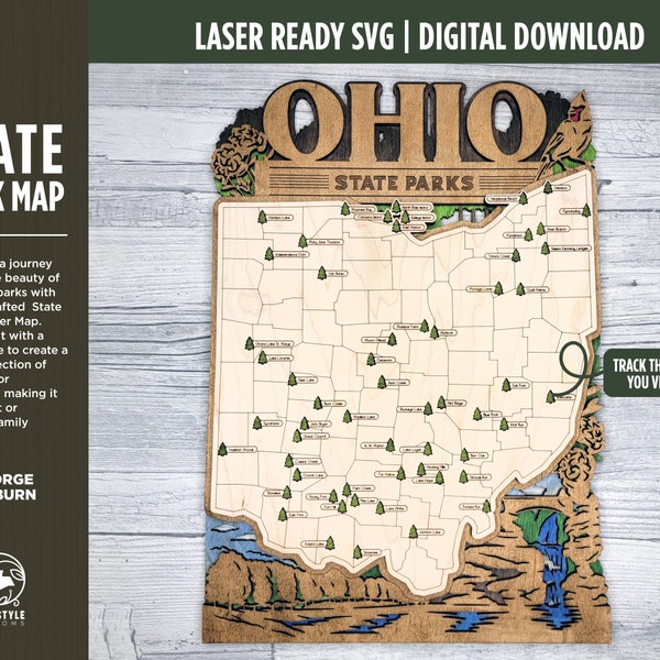 The Ohio State Park Map - Custom and Non Customizable Options - SVG, PDF File Download - Tested in Lightburn and Glowforge & Xtool