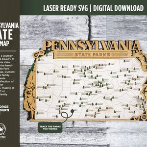La carte du parc d'État de Pennsylvanie - Options personnalisées et non personnalisables - SVG, téléchargement de fichier PDF - Testé en Lightburn et Glowforge