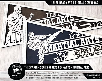 May include: A digital download of a laser-ready SVG file for a martial arts pennant. The pennant features a black and white silhouette of a martial artist in a fighting pose. The text "Martial Arts" is written in a bold font above the silhouette. The text "Jeffrey Ngu" and "Bright Spring University" are written below the silhouette. The pennant is designed to be customized with a name and school or team name.