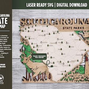 The South Carolina State Park Map - Custom and Non Customizable Options - SVG, PDF File Download - Tested in Lightburn and Glowforge & Xtool