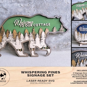 May include: Laser cut SVG design of a bear with a forest scene inside. The bear is holding a sign that says "Welcome to our Cottage". The design includes 11 signage designs, 7 text design options, marketing materials, and instructions. Glowforge and Lightburn tested.