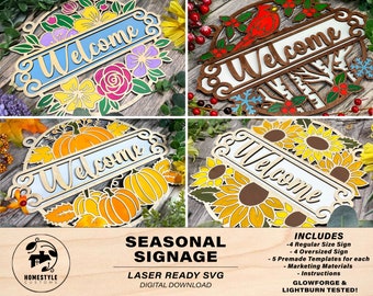 Signalisation de bienvenue saisonnière - Printemps, été, automne et hiver - 2 variations, 5 paroles incluses pour chacune - Testé sur Glowforge & Lightburn