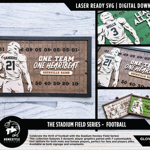 Puede incluir: Una descarga digital de un diseño SVG listo para láser para un letrero con temática de fútbol. El diseño presenta a un jugador de fútbol con el texto "One Team One Heartbeat" y el nombre del equipo "Rockville Rams".