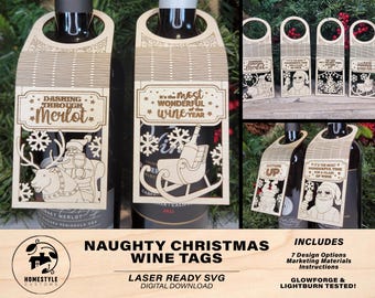 May include: Seven laser-cut SVG designs for wine bottle tags featuring a Christmas theme. The designs include a reindeer pulling a sleigh, a Santa Claus figure, and the text "Dashing Through Merlot", "It's the Most Wonderful Wine Year", "Bottoms Up", and "It's the Most Wonderful Time for a Glass of Wine".