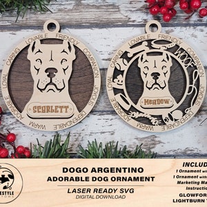 Dogo Argentino - Adoráveis enfeites para cães - 2 enfeites incluídos - SVG, PDF, download de arquivo AI - Dimensionado para Glowforge