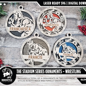 May include: Four laser-cut wooden ornaments featuring a wrestler in different poses. The ornaments are designed for personalization with names like "Francis" and "Francesca". The ornaments feature wrestling terms like "Greco-Roman", "Bridge", "Take Down", "Shot Clock", "Reversal", "Technical Points", and "Pin".