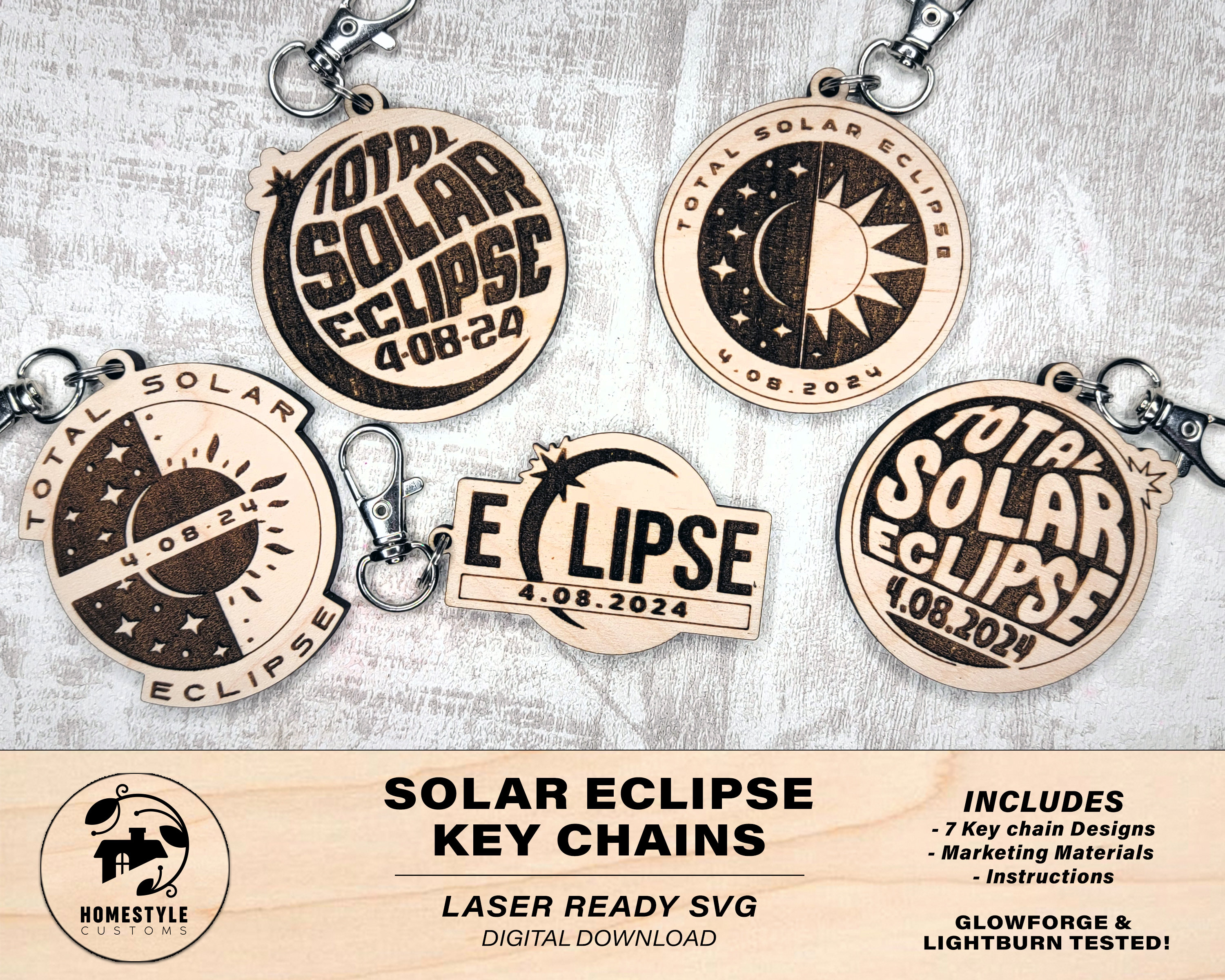 Solar Eclipse Keychains - 7 Options Included - Tested on Glowforge & Lightburn