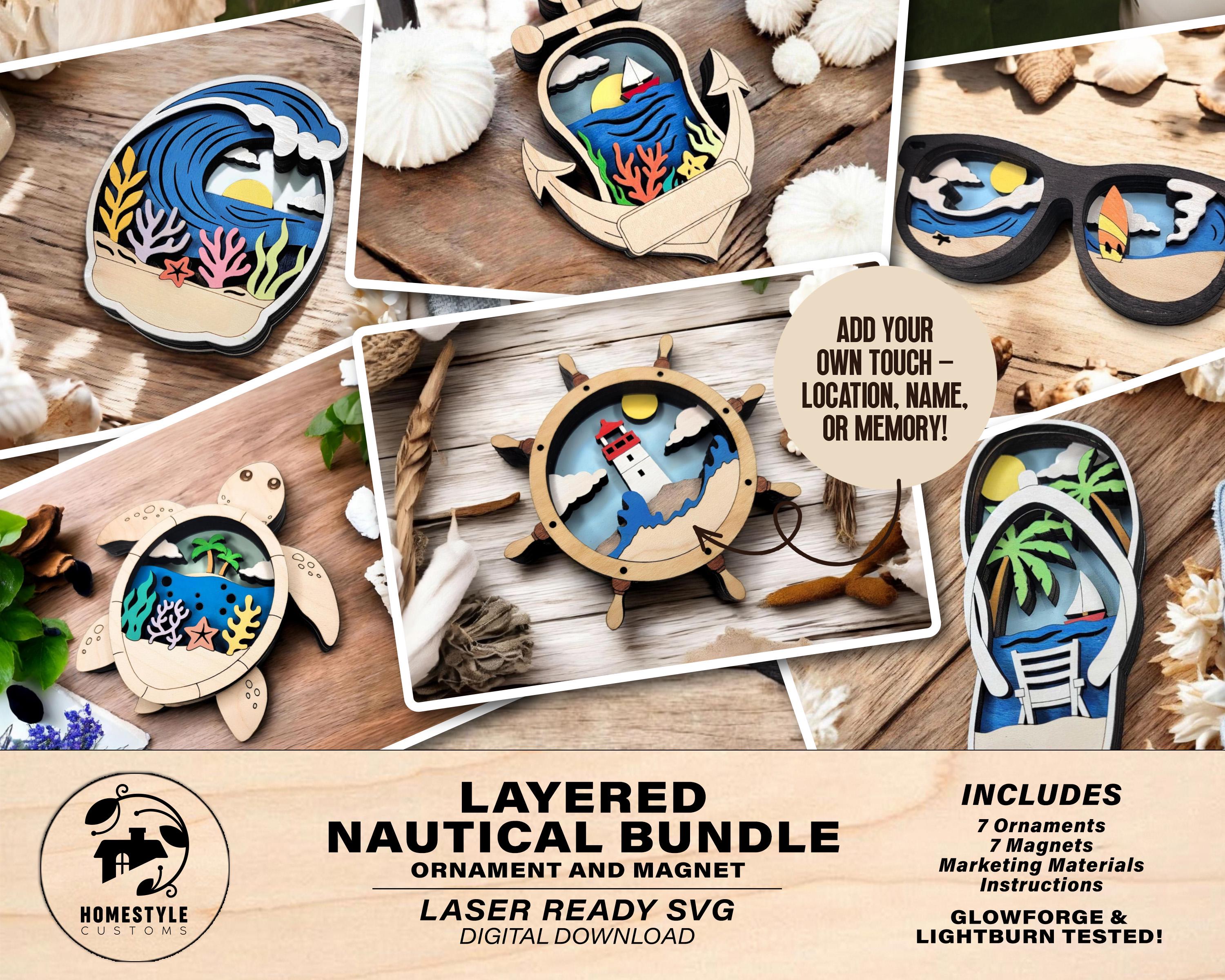 Layered Nautical Bundle - Ornaments and Magnets - SVG, PDF, AI File Download - Works with all Laser Types