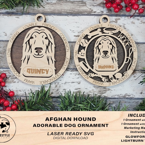 Afghan Hound - Adorable Dog Ornaments - 2 Ornaments included - SVG, PDF, AI File Download - Sized for Glowforge