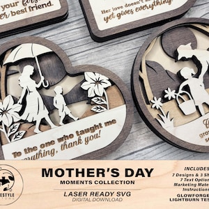 May include: Laser cut SVG design for Mother's Day. The design features a heart-shaped frame with a mother and child walking in a forest. The text reads "To the one who taught me everything, thank you!" and "Wisdom grows best in softened by love".