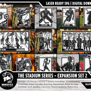 Peut inclure: Un ensemble de 28 designs SVG pour la découpe au laser, mettant en scène divers thèmes sportifs, notamment la cheerleading, l'entraînement, la course à pied cross-country, l'équitation, le hockey sur gazon, le football, le golf, le hockey, le lacrosse, la fanfare et le motocross. Les designs sont intitulés "The Stadium Series - Expansion Set 2" et sont "Glowforge Tested".