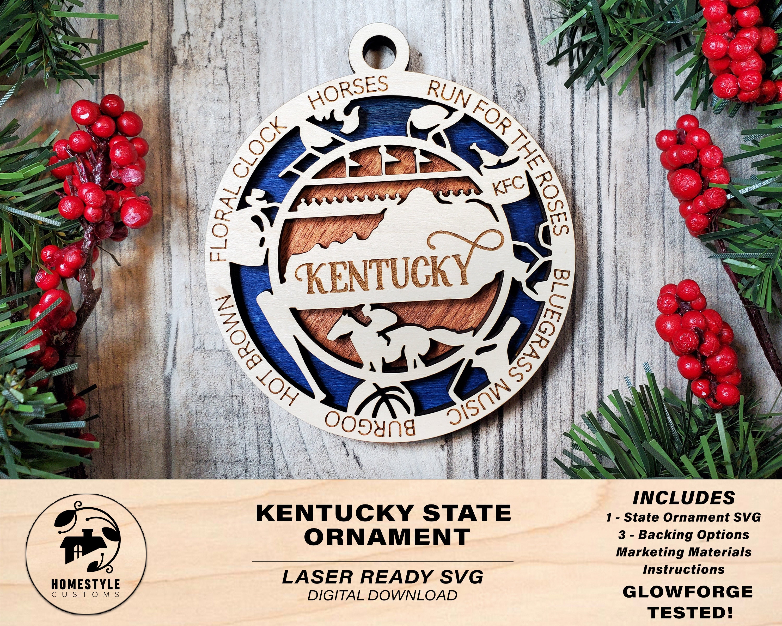 Kentucky State Ornament - SVG File Download - Sized for Glowforge - L…