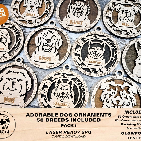 Adorable Dog Ornaments Pack 1 - 50 Breeds included with 2 Versions - 100+ Ornaments - SVG, PDF, AI File Download - Sized for Glowforge