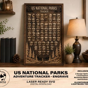 May include: A rectangular wooden US National Parks Tracker sign featuring the text US NATIONAL PARKS TRACKER at the top. The board contains numerous small circular engraved wooden tokens depicting various park landscapes, arranged in a grid pattern.