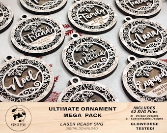 62 File Ultimate Christmas Ornament Bundle - SVG File Download - Sized for Glowforge