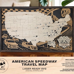May include: A rectangular wooden wall art piece featuring a laser-cut map of the United States with marked speedway locations, racing car silhouettes, a checkered flag pattern, and a driver helmet. The text reads AMERICAN SPEEDWAY TRAVEL MAP.