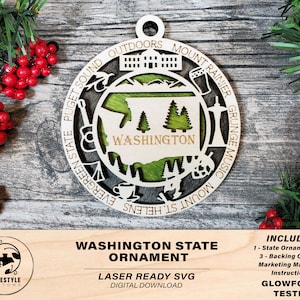Washington State Ornament - Download di file in formato SVG - Dimensionato per Glowforge - File digitali pronti per il laser